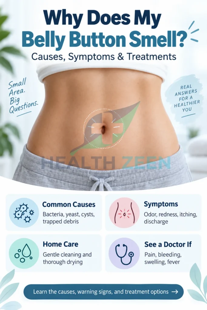An educational medical guide titled Why Does My Belly Button Smell? Causes, Symptoms & Treatments, featuring a close-up of a person's abdomen. The clinical visual details the underlying medical causes of a foul-smelling navel, including bacterial and yeast infections, alongside identifying key symptoms like unusual odor, redness, and discharge, and providing safe home care cleaning methods