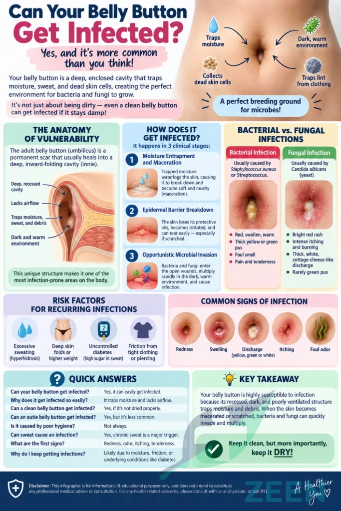 A detailed medical infographic by HealthZeen titled Can Your Belly Button Get Infected? It illustrates the anatomy of the umbilicus, the 3 clinical stages of moisture entrapment and microbial invasion, and compares bacterial versus fungal infections. It highlights risk factors like diabetes and excessive sweating, displays common signs like swelling and discharge, and features a Q&A emphasizing the need to keep the navel clean and dry.