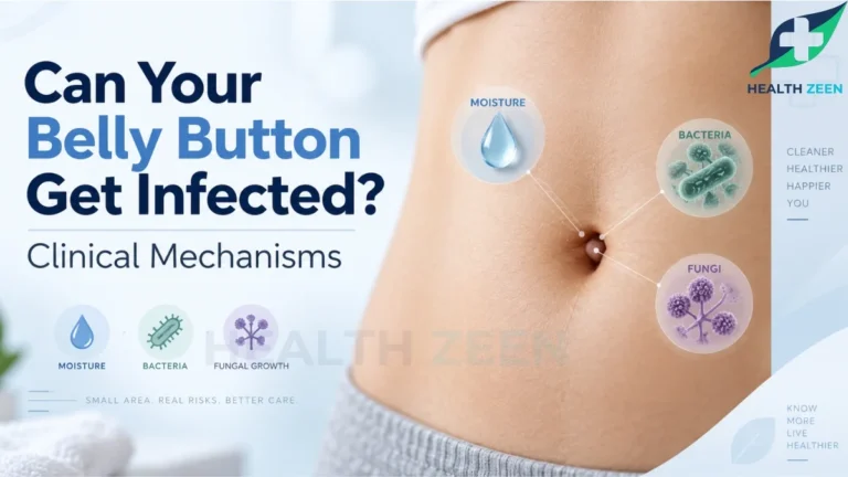 An educational medical guide titled Can Your Belly Button Get Infected? Clinical Mechanisms, featuring a close-up of a person's abdomen. The visual uses graphic callouts pointing directly to the navel to illustrate the three primary clinical causes of an infection: trapped moisture, bacterial overgrowth, and fungal growth.