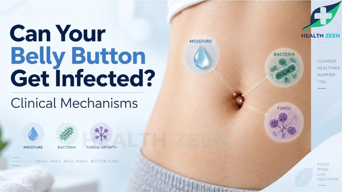 An educational medical guide titled Can Your Belly Button Get Infected? Clinical Mechanisms, featuring a close-up of a person's abdomen. The visual uses graphic callouts pointing directly to the navel to illustrate the three primary clinical causes of an infection: trapped moisture, bacterial overgrowth, and fungal growth.