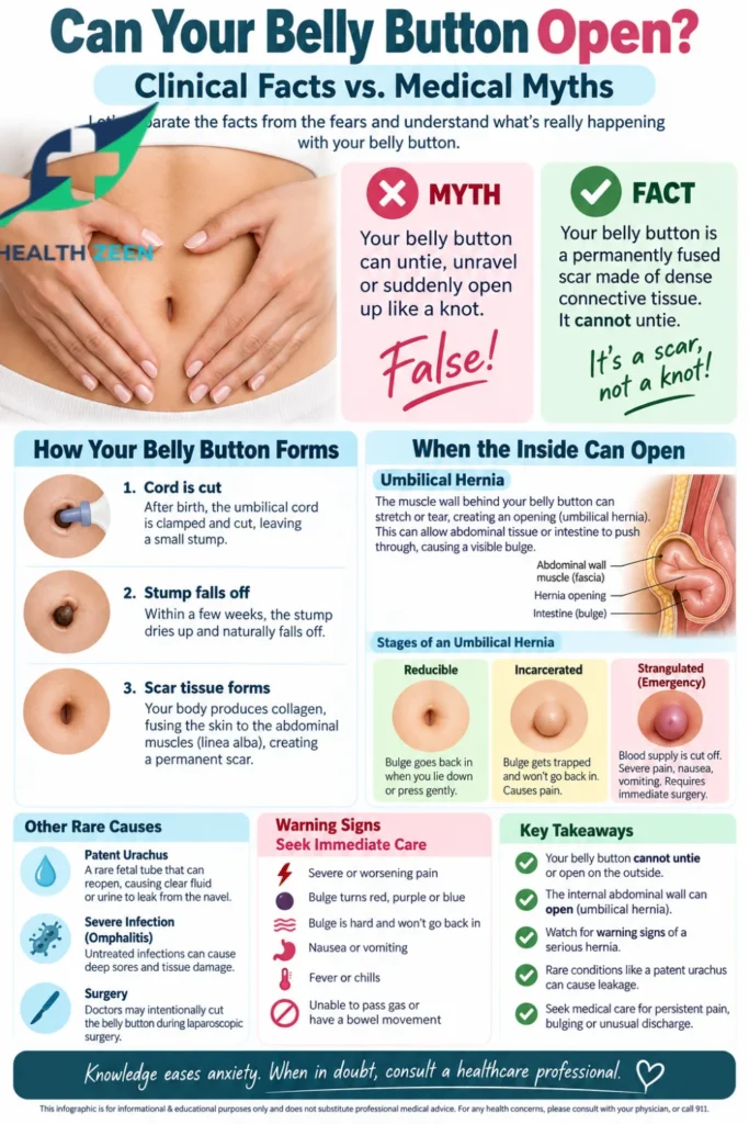 Infographic titled Can Your Belly Button Open explaining clinical facts versus medical myths. It illustrates how the belly button forms as a permanent scar, the stages of an umbilical hernia (reducible, incarcerated, strangulated), rare causes of navel leakage like a patent urachus, and emergency warning signs to seek medical care