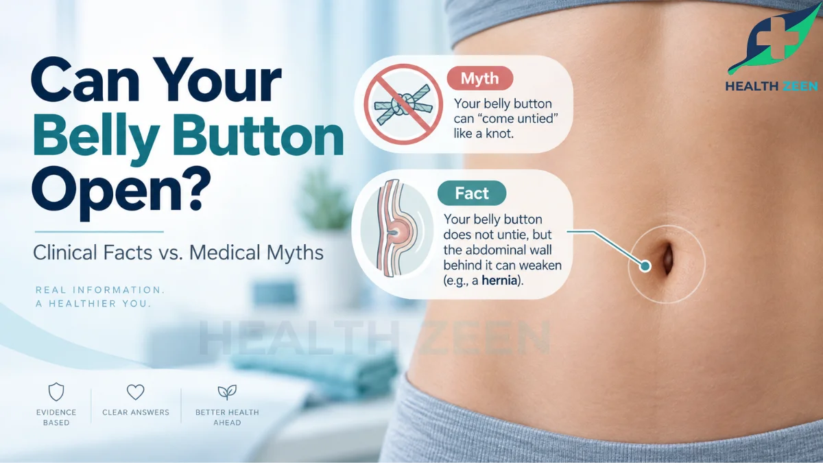 Medical comparison contrasting the myth that a belly button can untie with the clinical fact that the underlying abdominal wall can weaken and cause a hernia.