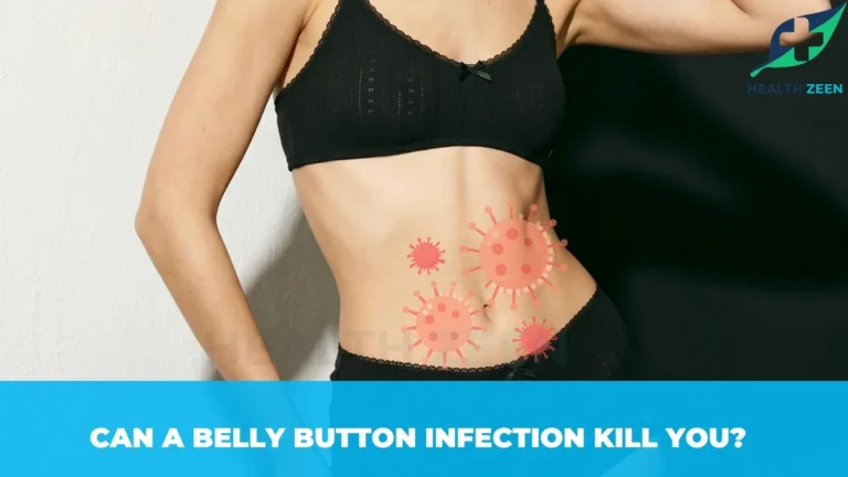 A woman midsection with bacterial illustrations surrounding her belly button and a blue banner reading can a belly button infection kill you
