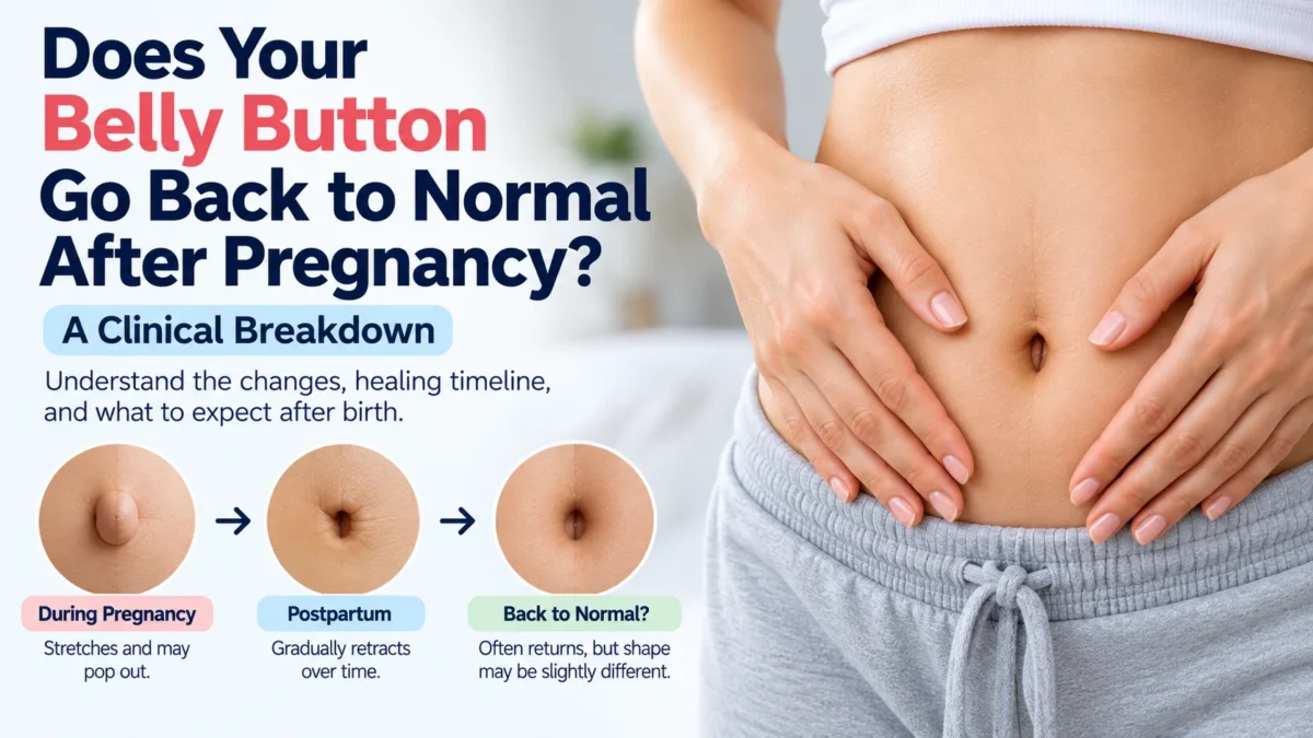 Clinical guide explaining if a belly button goes back to normal after pregnancy. The image features a woman holding her postpartum abdomen, accompanied by a timeline of navel changes: stretching and popping out during pregnancy, gradually retracting postpartum, and often returning to normal, though the final shape may be slightly different.
