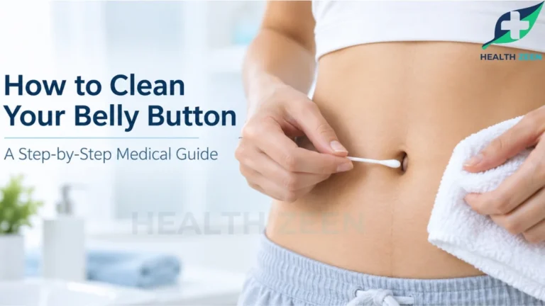 A step-by-step medical guide titled How to Clean Your Belly Button, featuring a person gently using a sterile cotton swab to clean the inside of their navel while holding a soft white drying towel to ensure the delicate umbilicus tissue remains completely dry.
