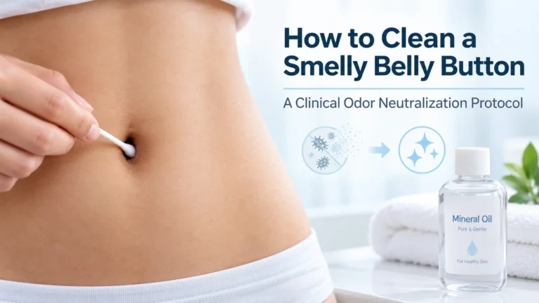 A clinical odor neutralization protocol on how to clean a smelly belly button. The image displays a person gently cleaning their navel with a cotton swab. Alongside the abdomen is a bottle of pure mineral oil and a diagram illustrating the transition from a bacteria-filled state to a clean, neutralized state.