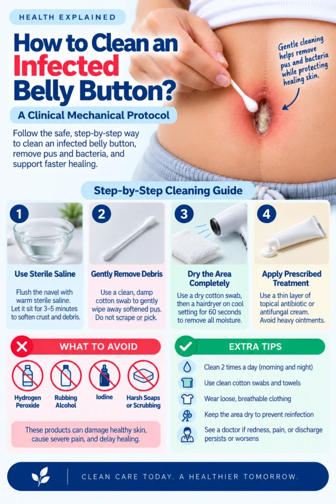A clinical mechanical protocol explaining how to clean an infected belly button. The image features a person gently cleaning a pus-filled navel with a cotton swab. It details a four-step guide: using sterile saline, gently removing debris, drying the area completely, and applying prescribed treatment. It highlights what to avoid, such as hydrogen peroxide and rubbing alcohol, and provides extra tips for daily care.