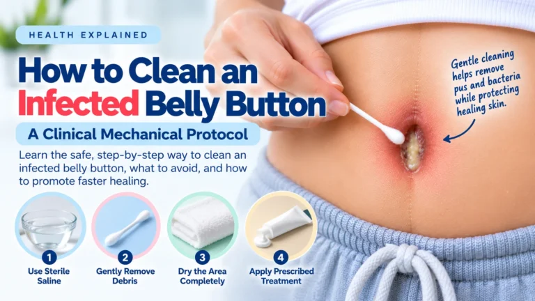 A clinical mechanical protocol on how to clean an infected belly button. The image displays a person gently cleaning a red, inflamed navel containing pus with a cotton swab. It outlines four steps to safely promote healing: use sterile saline, gently remove debris, dry the area completely, and apply prescribed treatment.