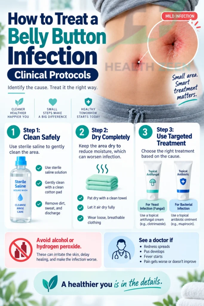 HealthZeen guide: How to Treat a Belly Button Infection. Shows a 3-step clinical protocol. Step 1: Clean safely with sterile saline. Step 2: Dry completely to reduce moisture. Step 3: Use targeted treatment like topical antifungals for yeast or topical antibiotics for bacteria. Warns to completely avoid alcohol and hydrogen peroxide. Advises seeing a doctor if redness spreads, pus develops, fever starts, or pain worsens.