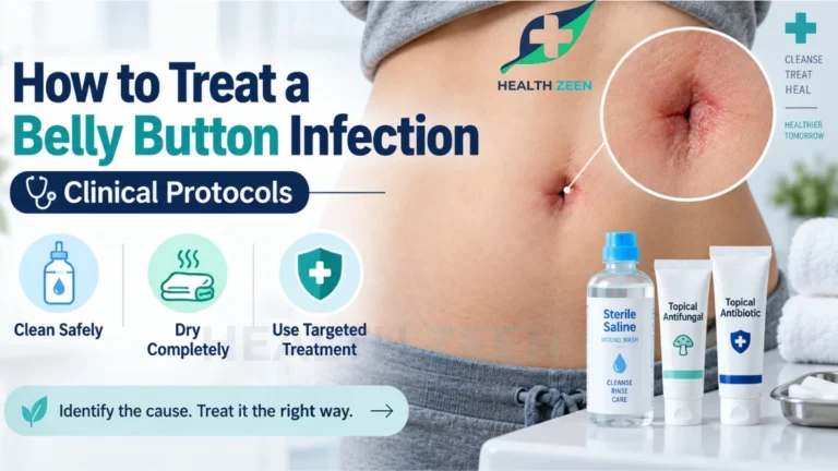 HealthZeen guide: How to Treat a Belly Button Infection. Shows a 3-step clinical protocol. Step 1: Clean safely with sterile saline. Step 2: Dry completely to reduce moisture. Step 3: Use targeted treatment like topical antifungals for yeast or topical antibiotics for bacteria. Warns to completely avoid alcohol and hydrogen peroxide. Advises seeing a doctor if redness spreads, pus develops, fever starts, or pain worsens.