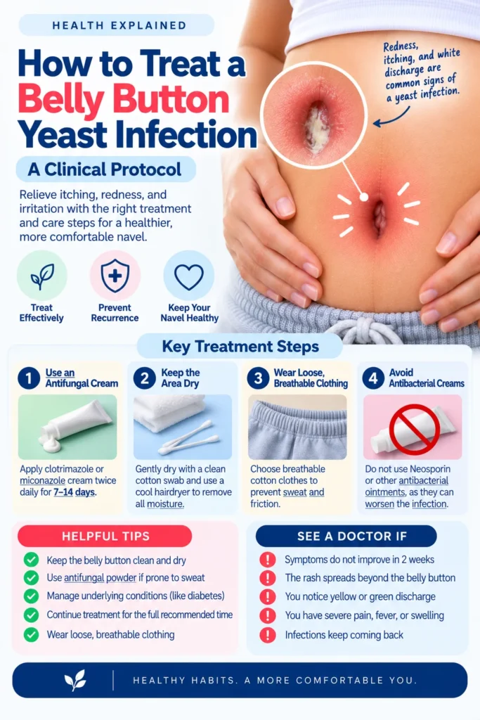 A clinical protocol detailing how to treat a belly button yeast infection. The image shows a person's abdomen with a close-up of a red navel containing white discharge. It outlines four treatment steps: using an antifungal cream, keeping the area dry, wearing loose clothing, and avoiding antibacterial creams, alongside helpful daily care tips and signs of when to see a doctor.