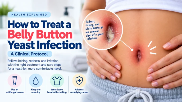 A clinical protocol on how to treat a belly button yeast infection. The image shows a person's abdomen with a red, irritated navel, alongside a close-up revealing redness and thick white discharge as common infection signs. The treatment steps include using an antifungal cream, keeping the area dry, wearing loose, breathable clothing, and addressing underlying causes.