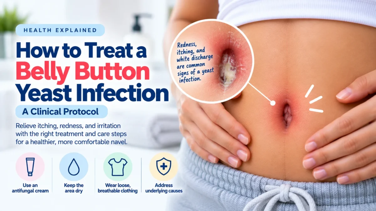 A clinical protocol on how to treat a belly button yeast infection. The image shows a person's abdomen with a red, irritated navel, alongside a close-up revealing redness and thick white discharge as common infection signs. The treatment steps include using an antifungal cream, keeping the area dry, wearing loose, breathable clothing, and addressing underlying causes.