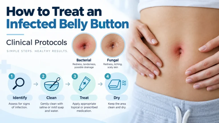 A clinical protocol on how to treat an infected belly button. The image displays a person holding their abdomen with a red, irritated navel, alongside two close-ups distinguishing between a bacterial infection presenting with redness, tenderness, and possible drainage, and a fungal infection showing redness, itching, and scaly skin. It outlines a four-step treatment process: identify signs of infection, clean gently with saline or mild soap, treat with appropriate topical or prescribed medication, and keep the area dry.