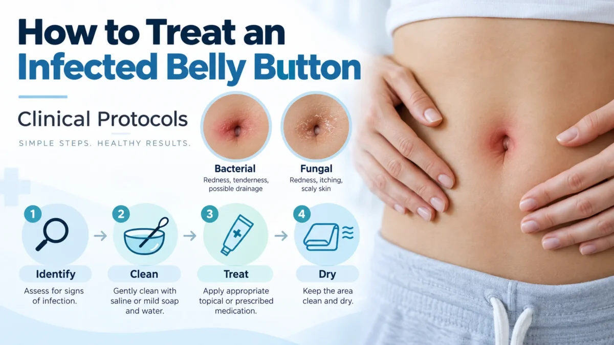 A clinical protocol on how to treat an infected belly button. The image displays a person holding their abdomen with a red, irritated navel, alongside two close-ups distinguishing between a bacterial infection presenting with redness, tenderness, and possible drainage, and a fungal infection showing redness, itching, and scaly skin. It outlines a four-step treatment process: identify signs of infection, clean gently with saline or mild soap, treat with appropriate topical or prescribed medication, and keep the area dry.