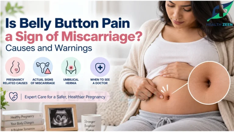 A pregnant woman pointing to her navel alongside a clinical guide titled 'Is Belly Button Pain a Sign of Miscarriage?' featuring icons for pregnancy causes, true miscarriage signs, and umbilical hernias