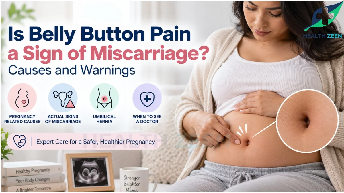A pregnant woman pointing to her navel alongside a clinical guide titled 'Is Belly Button Pain a Sign of Miscarriage?' featuring icons for pregnancy causes, true miscarriage signs, and umbilical hernias