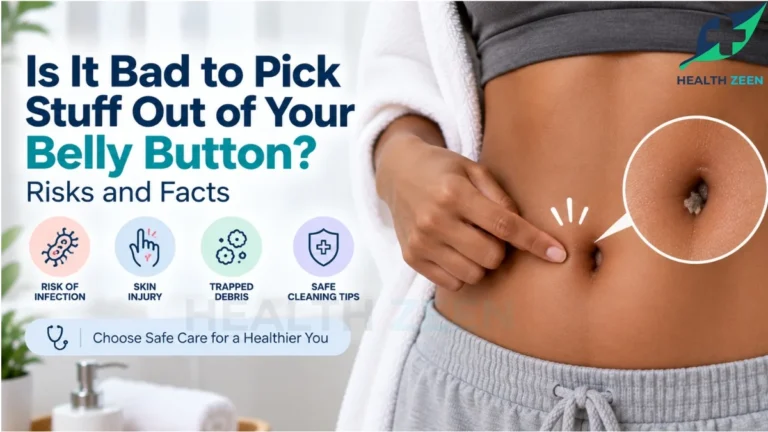 An educational medical guide titled Is It Bad to Pick Stuff Out of Your Belly Button? Risks and Facts, featuring a woman pointing at her navel. A magnified visual reveals a close-up of an innie belly button containing hardened, trapped debris, highlighting the physical dangers of skin injury and bacterial infection associated with aggressive picking.