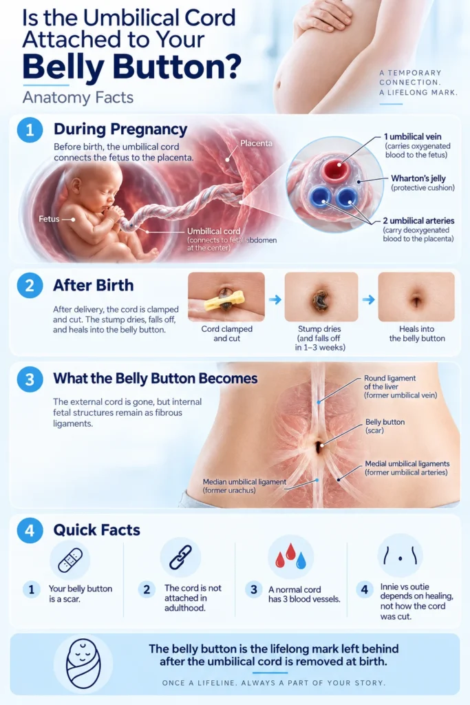HealthZeen guide: Pain Below Belly Button When Pressed. Shows the hypogastric region. Lists common causes: bladder infection, constipation, appendicitis, diverticulitis, and ovarian cyst/PID. Explains how pressing inflamed tissue triggers pain and warns about rebound tenderness. Urgent care signs include a rigid abdomen, high fever, vomiting, and severe pain. Prompt medical evaluation is required for severe tenderness.