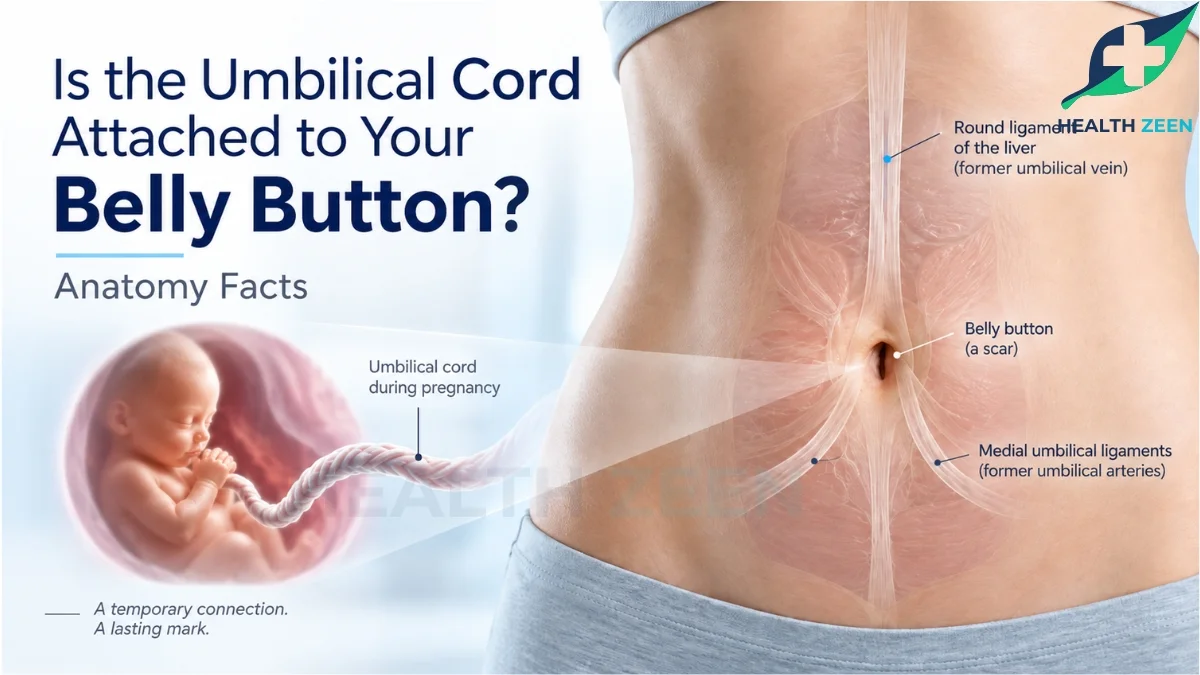 HealthZeen guide: Is the Umbilical Cord Attached to Your Belly Button? Visualizes fetal connection to the placenta. Shows how the clamped cord dries and heals into a scar after birth. In adulthood, the external cord is gone, but internal structures remain as fibrous ligaments. Quick facts clarify the navel is a lifelong scar and whether it becomes an innie or outie depends strictly on natural healing, not how it was cut.