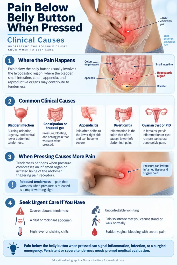 HealthZeen guide: How to Clean Your Belly Button. Shows 4 steps: clean with a cotton swab and mild soap, gently swab folds, rinse with a wet swab, and dry completely to prevent infection. Dos: clean 1-2 times weekly with mild soap or saline. Avoids: hydrogen peroxide, rubbing alcohol, sharp objects, heavy lotions. Watch for warning signs like spreading redness, foul odor, pain, or fever, and see a doctor if symptoms persist.