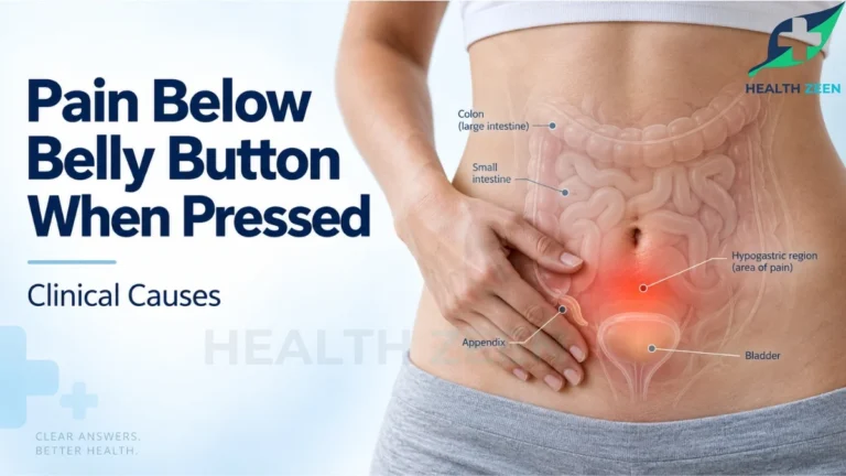 HealthZeen guide: Pain Below Belly Button When Pressed. Shows the hypogastric region. Lists common causes: bladder infection, constipation, appendicitis, diverticulitis, and ovarian cyst/PID. Explains how pressing inflamed tissue triggers pain and warns about rebound tenderness. Urgent care signs include a rigid abdomen, high fever, vomiting, and severe pain. Prompt medical evaluation is required for severe tenderness.