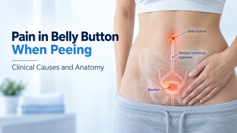 A clinical guide detailing the anatomy and causes of pain in the belly button when peeing. The image features a person's abdomen with a transparent anatomical overlay showing the internal pelvic structures. It highlights a glowing red bladder connected directly to a glowing red belly button by the median umbilical ligament.