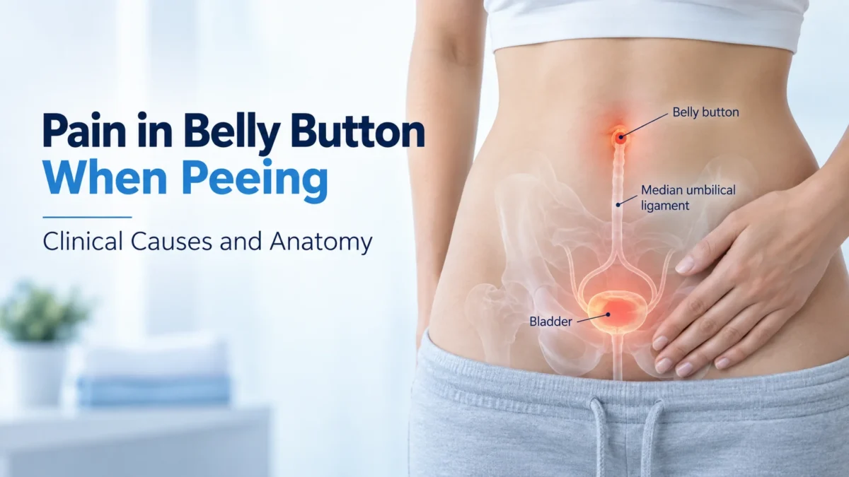 A clinical guide detailing the anatomy and causes of pain in the belly button when peeing. The image features a person's abdomen with a transparent anatomical overlay showing the internal pelvic structures. It highlights a glowing red bladder connected directly to a glowing red belly button by the median umbilical ligament.