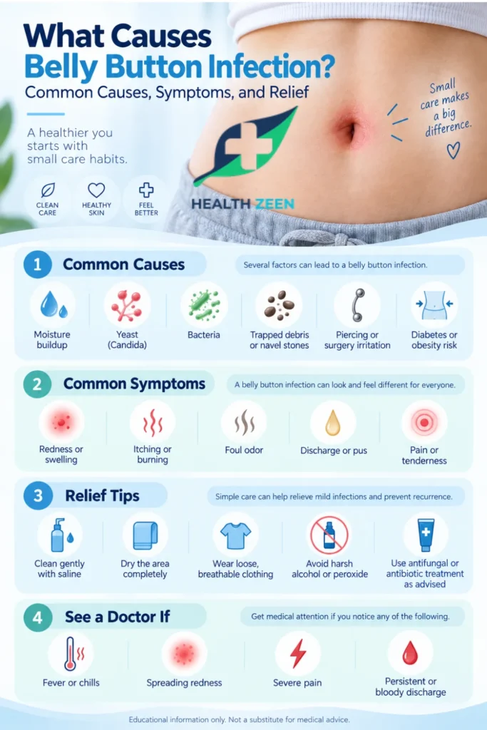 A visual guide titled What Causes Belly Button Infection. It outlines common causes such as moisture buildup, yeast, bacteria, and navel piercings. Symptoms shown include redness, itching, foul odor, and discharge. Relief tips recommend cleaning with saline, drying completely, and avoiding harsh alcohol. A final section lists emergency signs like fever or severe pain that require medical attention.