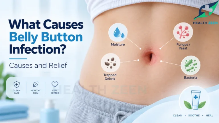 Medical infographic detailing the four main causes of a belly button infection: moisture, fungus or yeast, trapped debris, and bacteria.
