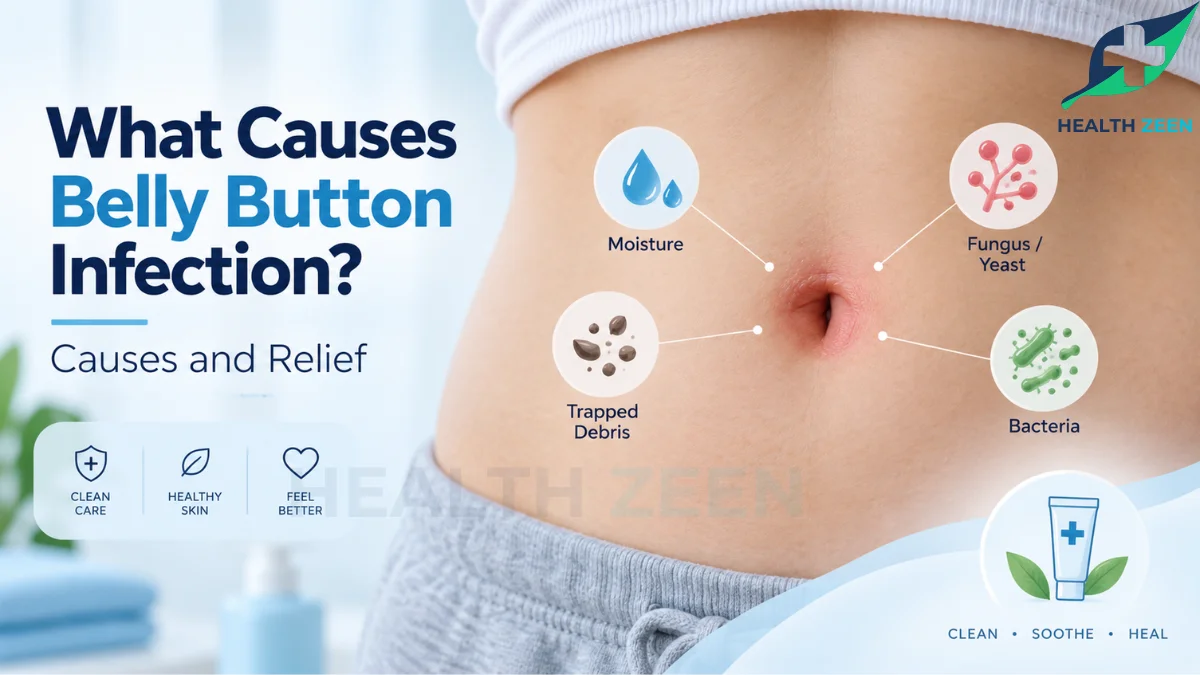 Medical infographic detailing the four main causes of a belly button infection: moisture, fungus or yeast, trapped debris, and bacteria.