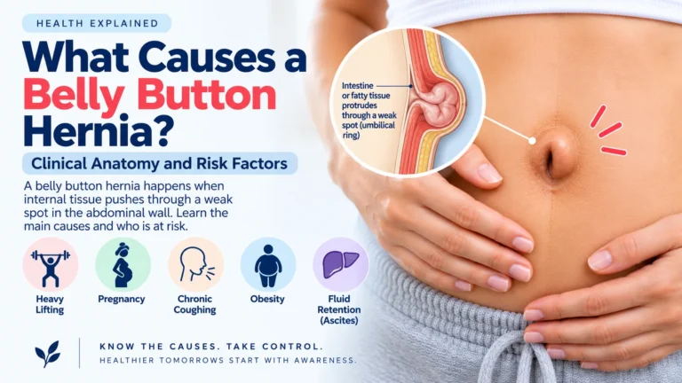 Clinical guide explaining what causes a belly button hernia, detailing clinical anatomy and risk factors. The image shows an abdomen with a protruding navel and a cross-section diagram illustrating intestine or fatty tissue pushing through a weak spot in the umbilical ring. It lists five main causes: heavy lifting, pregnancy, chronic coughing, obesity, and fluid retention (ascites).