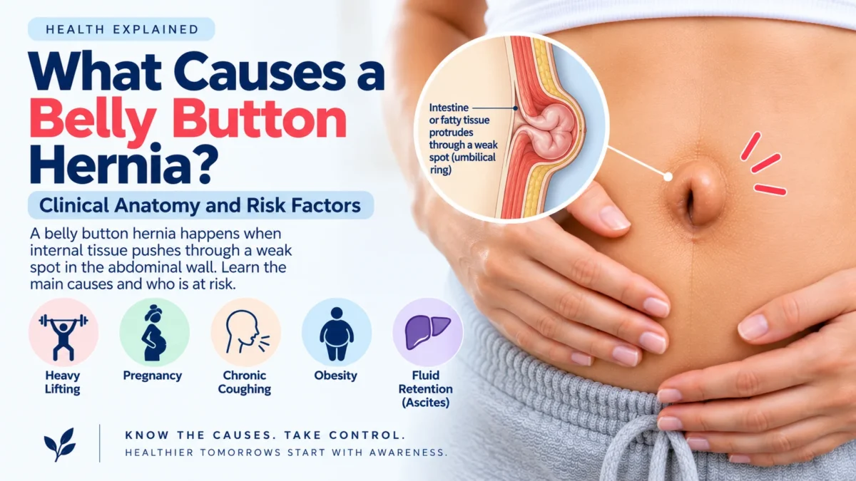Clinical guide explaining what causes a belly button hernia, detailing clinical anatomy and risk factors. The image shows an abdomen with a protruding navel and a cross-section diagram illustrating intestine or fatty tissue pushing through a weak spot in the umbilical ring. It lists five main causes: heavy lifting, pregnancy, chronic coughing, obesity, and fluid retention (ascites).