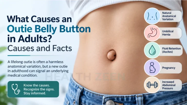 An educational medical guide titled What Causes an Outie Belly Button in Adults? Causes and Facts, featuring a close-up of a person's abdomen displaying a distinct protruding navel. The visual explains the clinical difference between a lifelong harmless anatomical variation and a newly developed outie, highlighting primary underlying causes such as umbilical hernias, fluid retention (ascites), pregnancy, and increased abdominal pressure.