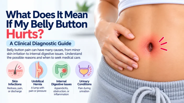 A clinical diagnostic guide explaining what it means if a belly button hurts. The image displays a person holding their abdomen with a red, glowing navel indicating pain. It outlines four possible causes: skin infections presenting with redness, pain, or discharge; an umbilical hernia appearing as a lump with pain or pressure; internal digestive issues such as appendicitis, obstruction, or inflammation; and urinary conditions causing pain during urination.