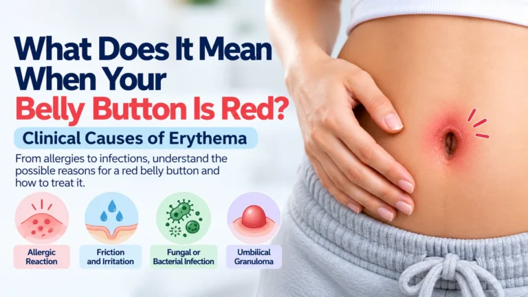 A clinical guide explaining what it means when a belly button is red, detailing the clinical causes of erythema. The image features a person's abdomen with a distinctly red, irritated navel. It lists four possible reasons for the redness: an allergic reaction, friction and irritation, a fungal or bacterial infection, and an umbilical granuloma.