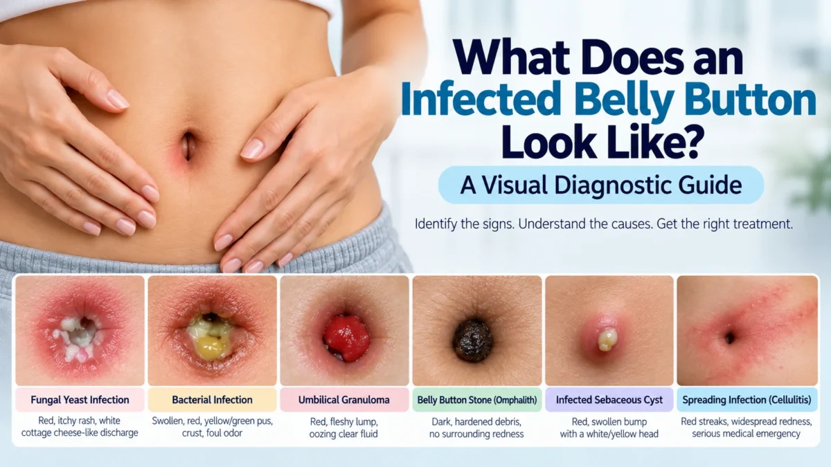 A visual diagnostic guide showing what an infected belly button looks like. The image features a person's abdomen alongside six close-up examples of different conditions: a fungal yeast infection with white discharge, a bacterial infection with yellow or green pus, an umbilical granuloma appearing as a red fleshy lump, a belly button stone (omphalith) made of dark hardened debris, an infected sebaceous cyst shown as a red bump with a white head, and a spreading infection (cellulitis) displaying red streaks.