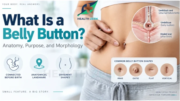 What is a belly button educational guide showing the internal anatomy of the umbilicus scar, its connection before birth, and visual examples of innie, outie, flat, and vertical navel shapes.