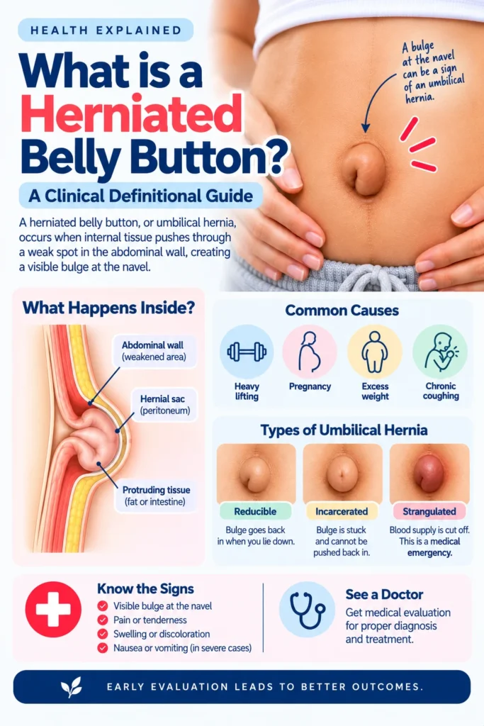 A clinical definitional guide explaining what a herniated belly button is. The image displays a person's abdomen with a visible bulge at the navel. It features an anatomical cross-section showing tissue protruding through a weakened abdominal wall, lists common causes like heavy lifting and pregnancy, and categorizes umbilical hernias into reducible, incarcerated, and strangulated types alongside key warning signs.