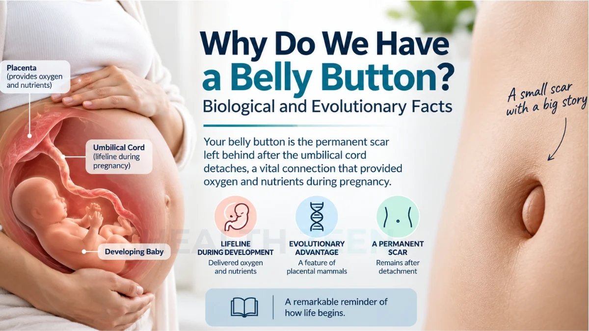 An educational medical guide titled Why Do We Have a Belly Button? Biological and Evolutionary Facts, featuring a pregnant woman cradling her abdomen alongside a detailed internal cross-section of a developing fetus in the womb. The anatomical diagram highlights the umbilical cord acting as a vital lifeline connected to the placenta for oxygen and nutrients, paired with a close-up of an adult navel demonstrating the permanent physical scar left behind after the cord naturally detaches at birth
