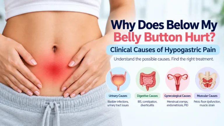A clinical guide explaining the causes of hypogastric pain, answering why it hurts below the belly button. The image shows a person holding their lower abdomen with a red glow indicating localized pain. It categorizes four clinical causes: urinary causes like bladder infections, digestive causes such as IBS and diverticulitis, gynecological causes including endometriosis, and muscular causes like pelvic floor dysfunction.