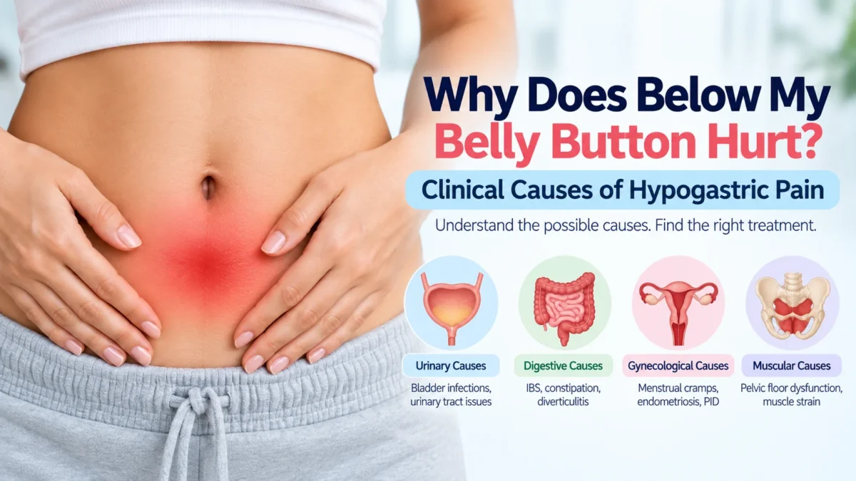 A clinical guide explaining the causes of hypogastric pain, answering why it hurts below the belly button. The image shows a person holding their lower abdomen with a red glow indicating localized pain. It categorizes four clinical causes: urinary causes like bladder infections, digestive causes such as IBS and diverticulitis, gynecological causes including endometriosis, and muscular causes like pelvic floor dysfunction.