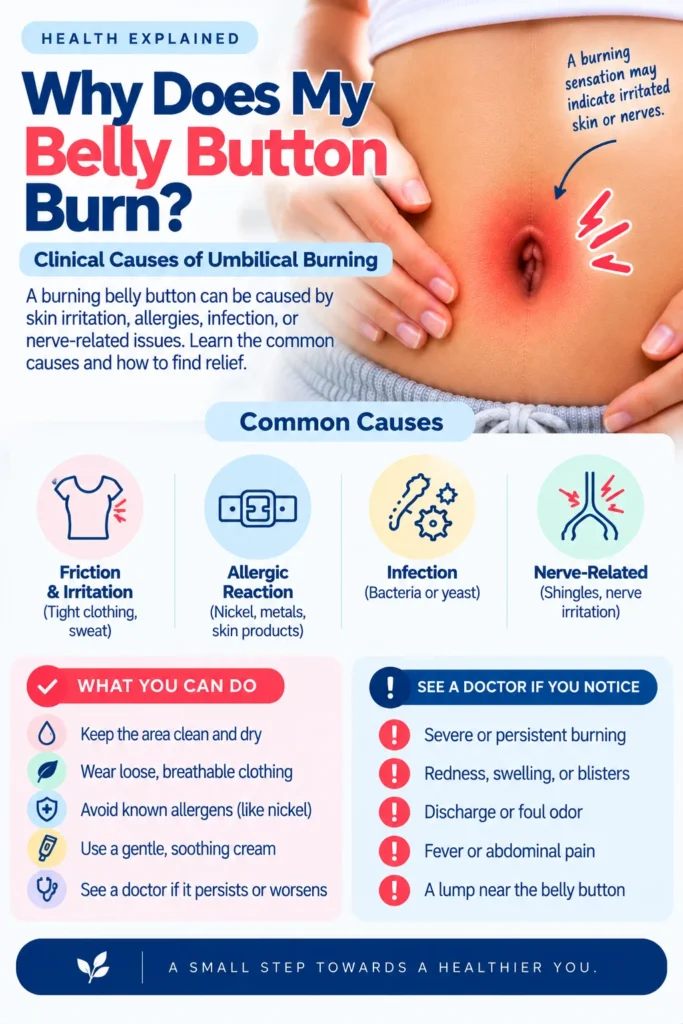 A clinical guide on the causes of umbilical burning. The image features a person's abdomen with a red, glowing navel indicating irritation. It details common causes such as friction, allergic reactions, infections, and nerve-related issues, alongside actionable relief steps and signs requiring medical care.