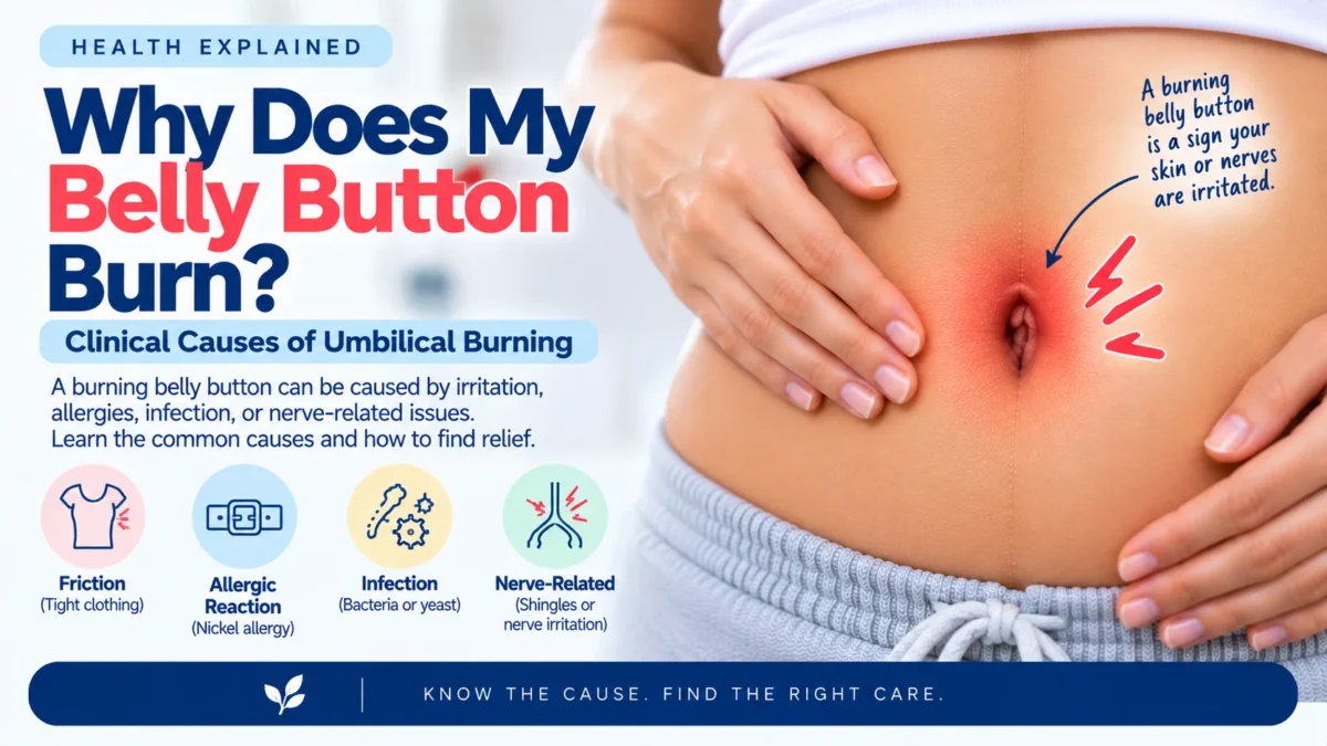 A clinical guide on why a belly button burns, explaining the causes of umbilical burning. The image shows a person holding their abdomen with a red, glowing navel indicating skin or nerve irritation. It lists four main causes: friction from tight clothing, allergic reactions like a nickel allergy, infections from bacteria or yeast, and nerve-related issues such as shingles.