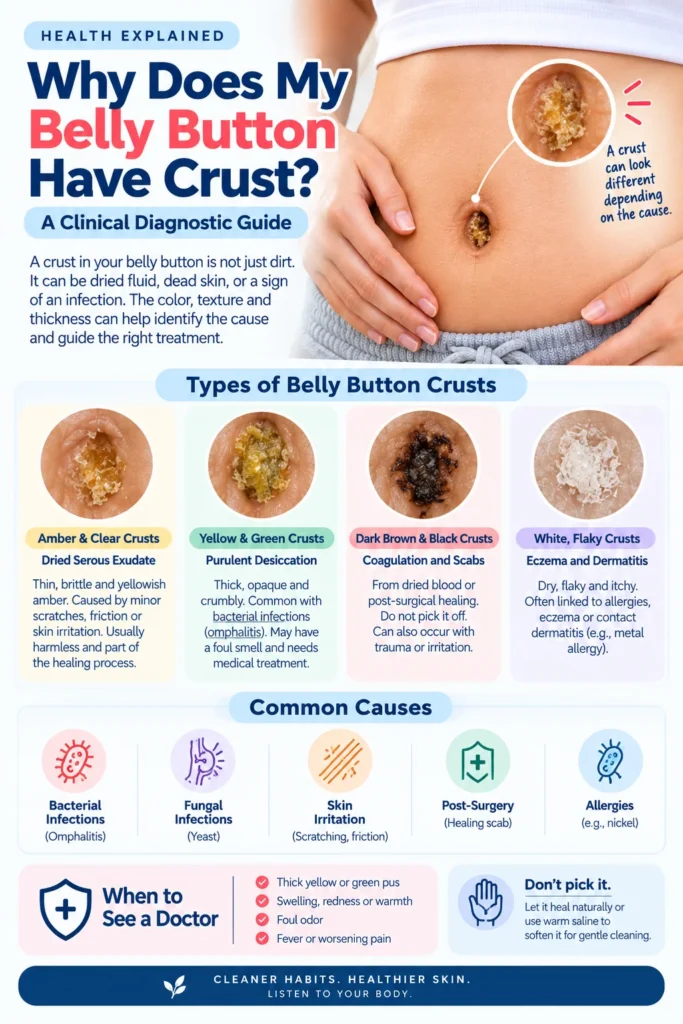 A clinical diagnostic guide explaining why a belly button has crust. The image features a person's abdomen with a close-up of a crusty navel. It categorizes four types of crusts: amber and clear crusts from dried serous exudate, yellow and green crusts from bacterial infections, dark brown and black crusts from scabs, and white flaky crusts from eczema. It also lists common causes such as infections and allergies, along with signs of when to see a doctor.