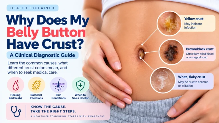Clinical diagnostic guide explaining why a belly button has crust. The infographic shows a person's abdomen with three close-up examples of navel crusts: yellow crust which may indicate infection, brown or black crust often from dried blood or a surgical scab, and white flaky crust due to eczema or irritation. It also lists common causes like healing scabs, bacterial infections, and skin conditions.