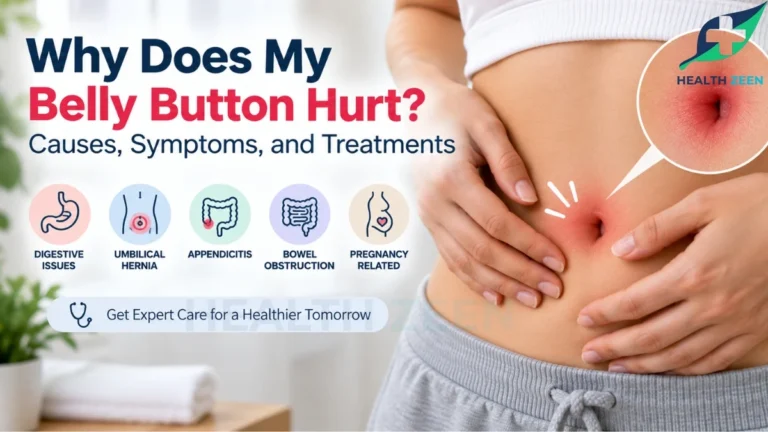 A clinical guide titled Why Does My Belly Button Hurt? Causes, Symptoms, and Treatments, featuring a person clutching their stomach around a red, irritated navel. A magnified visual reveals a close-up of the inflamed umbilicus, detailing primary medical causes such as digestive issues, umbilical hernias, appendicitis, bowel obstructions, and pregnancy-related discomfort