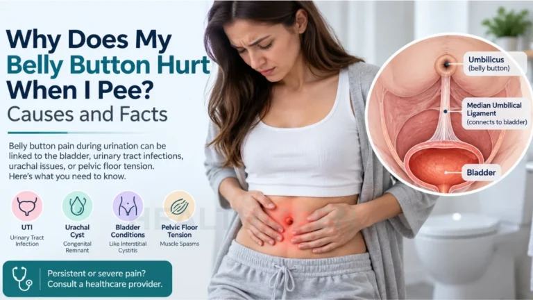 An educational medical guide titled Why Does My Belly Button Hurt When I Pee? Causes and Facts, featuring a woman in a bathroom experiencing visible discomfort while clutching her inflamed lower abdomen. A magnified anatomical cross-section illustrates the direct internal connection between the umbilicus and the bladder via the median umbilical ligament, highlighting primary medical causes for this radiating pain such as urinary tract infections (UTIs), urachal cysts, bladder conditions like interstitial cystitis, and pelvic floor muscle spasms