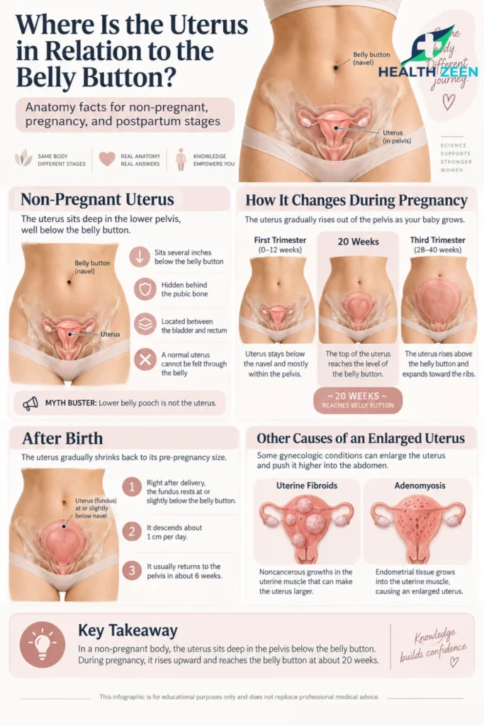 Teaser graphic asking Where Is the Uterus in Relation to the Belly Button? Prompts viewers to click to learn the anatomical facts for non-pregnant women, the exact pregnancy expansion timeline, postpartum shrinking facts, and what medical conditions cause an enlarged uterus.