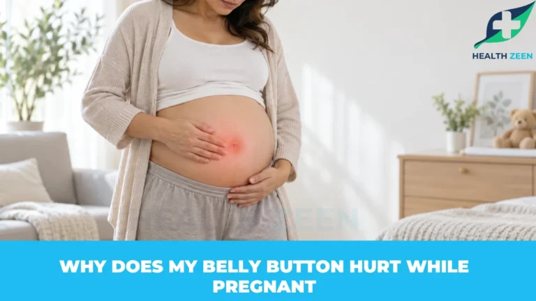 Teaser graphic for pregnant women experiencing belly button pain. Prompts viewers to click to learn about normal pregnancy stretching vs. umbilical hernias, safe relief methods, and the 6 urgent warning signs that require a doctor's immediate attention.